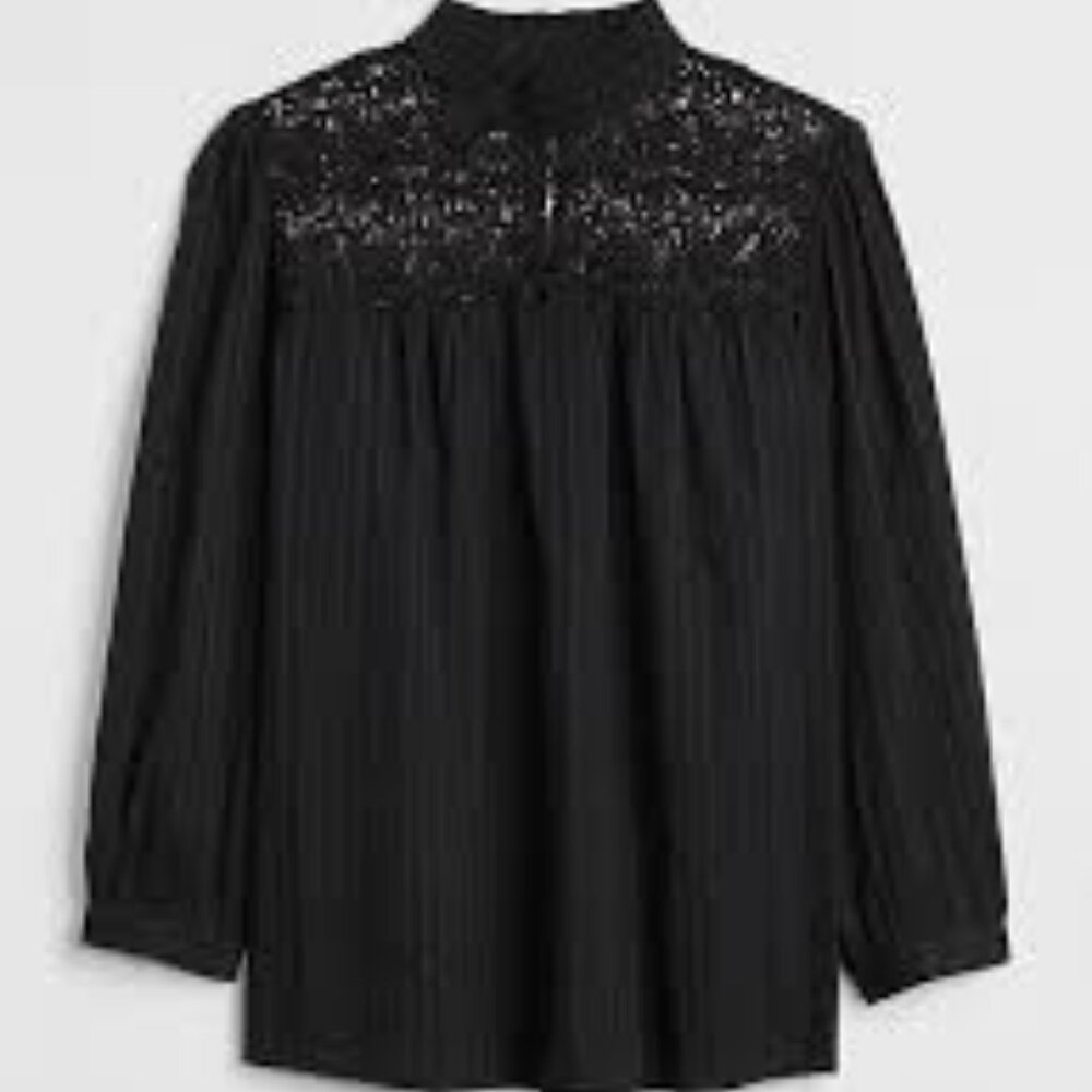 GAP Black Crochet Lace Trim Mockneck Top Tonal Stripes XS Romantic